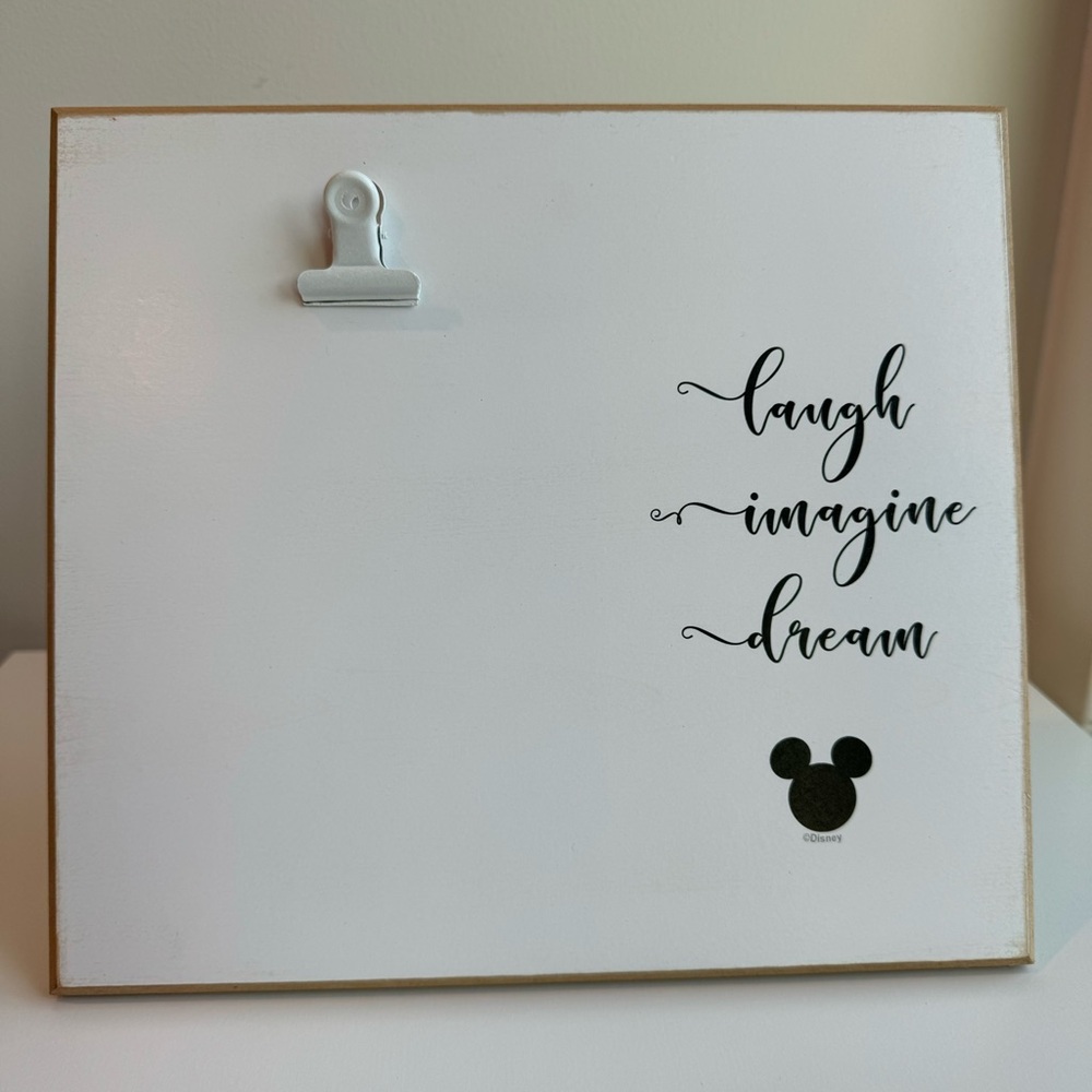 Disney 5” x 7” Photo Holder Board White Mickey Mouse Laugh Imagine Dream